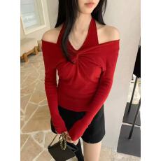 批发纯欲挂脖假两件长袖针织<b class='q'>打底衫</b>女2025冬辣妹毛衣