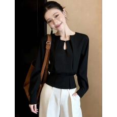 批发设计感收腰衬衫黑色气质显瘦长袖衬衣春季新款别致百搭套头打底衫