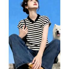 批发欧货条纹娃娃领少女感减龄气质蚕丝<b class='q'>亚麻</b>2026夏季针织衫上衣短袖女