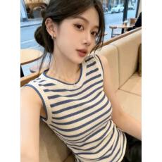批发复古撞色条纹无袖针织背心女2026夏季新款圆领超修身显瘦休闲上衣