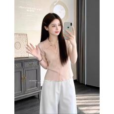 批发粉色polo领坑条短袖针织衫夏季修身显瘦内搭打底衫甜美短款上衣女