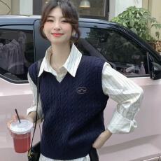 学院风叠穿麻花V领毛衣马甲女春装衬衫外搭针织背心叠穿坎肩上衣