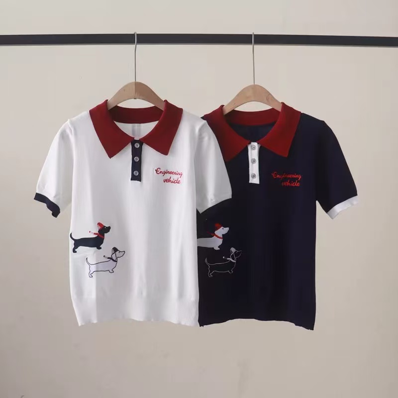 여름 새로운 바람 가슴 강아지 알파벳 자수 POLO 칼라 패치워크 색상 반팔 풀오버 니트 맨위