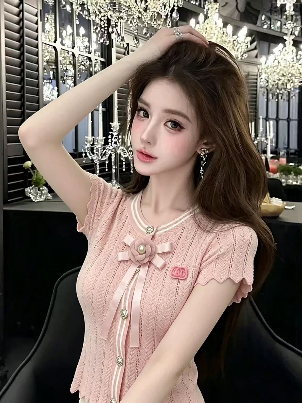 lym studio 검정색 반팔 티셔츠 여성 나비 매듭 진주 장식 몸매 가꾸기 슬림해 보이는 품격 맨위 트렌디