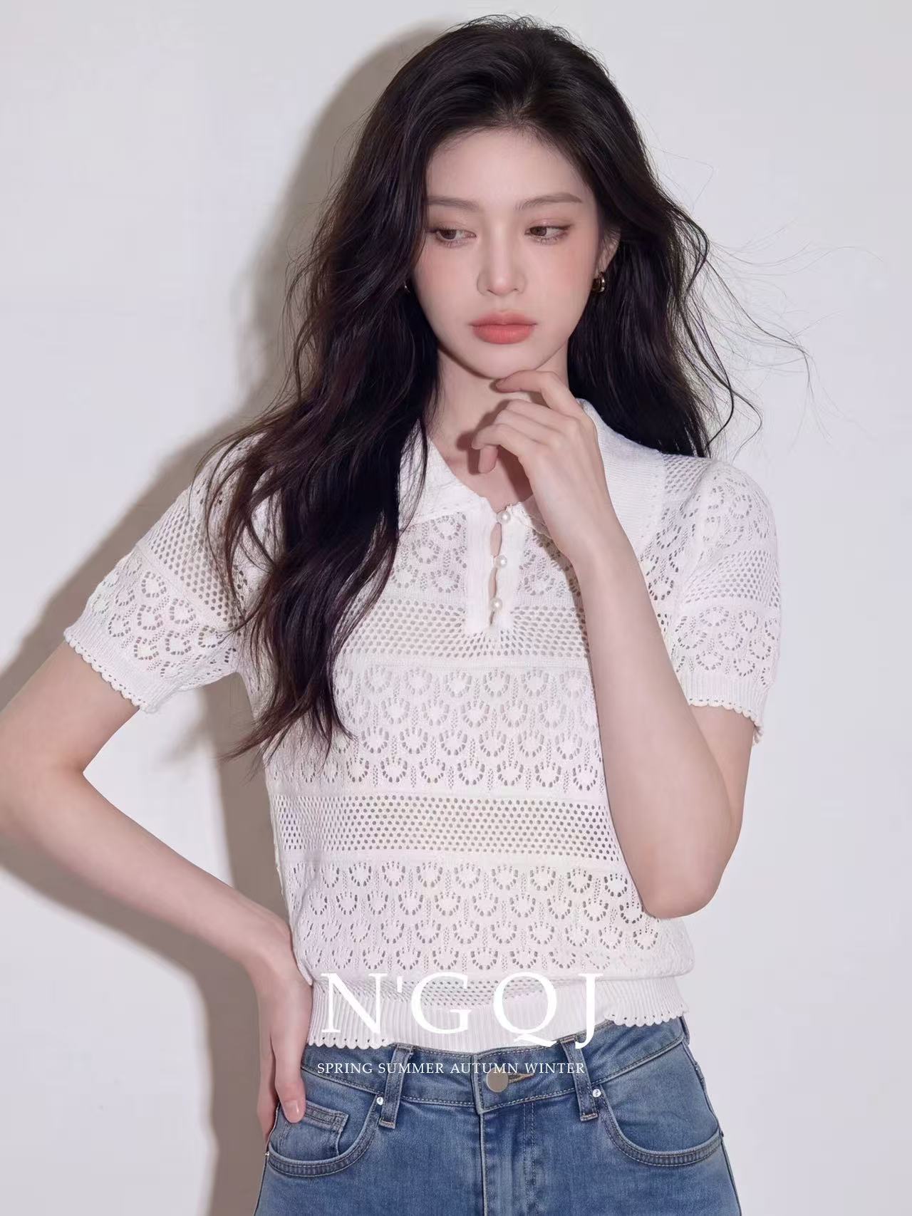 프랑스식 홀로우 아웃 레이스 POLO 칼라 얼음 실크 반팔 니트 스웨터 여성 여름 고유 한 아름다운 다용도 얇은 스타일 작은 맨위