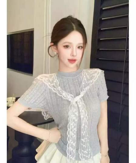 파란색 레이스 숄 니트 반팔 티셔츠 여성 봄 여름 새로운 부드러운 바람 품격 다용도 몸매 가꾸기 슬림해 보이는 맨위