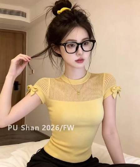 pushan 순수한 욕망 바람 망사 패치워크 빌딩 빈 니트 스웨터 티셔츠 여성 여름 도파민 착용 가져 가라. 나비 매듭 맨위