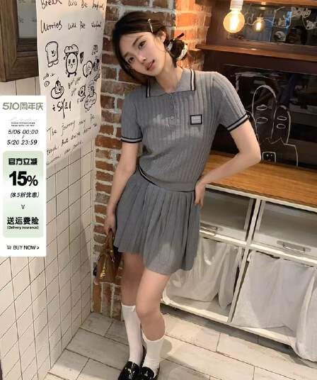 아메리칸 miu 부서 학원 스타일 세트 여성 여름 회색 POLO 칼라 니트 반팔 티셔츠 한 마디 플리츠 반신 스커트