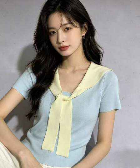 한 부서 V넥 리본 반팔 니트 스웨터 여성 여름 새로운 페이크 레이어드 디자인 센스 몸매 가꾸기 슬림해 보이는 품격 맨위