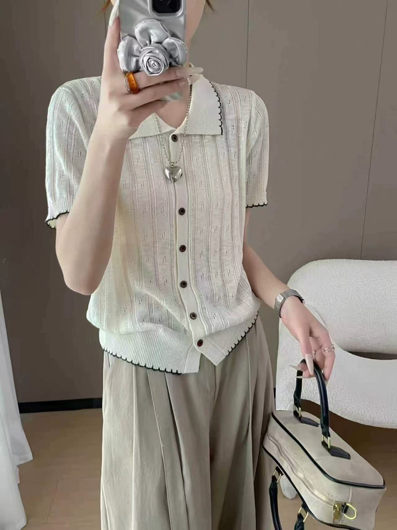 대나무 마디 마 홀로우 아웃 폴로 칼라 반팔 티셔츠 여성 루즈핏 2026 여름 드레스 새로운 한 부서 다용도 니트 오픈 가디건 맨위