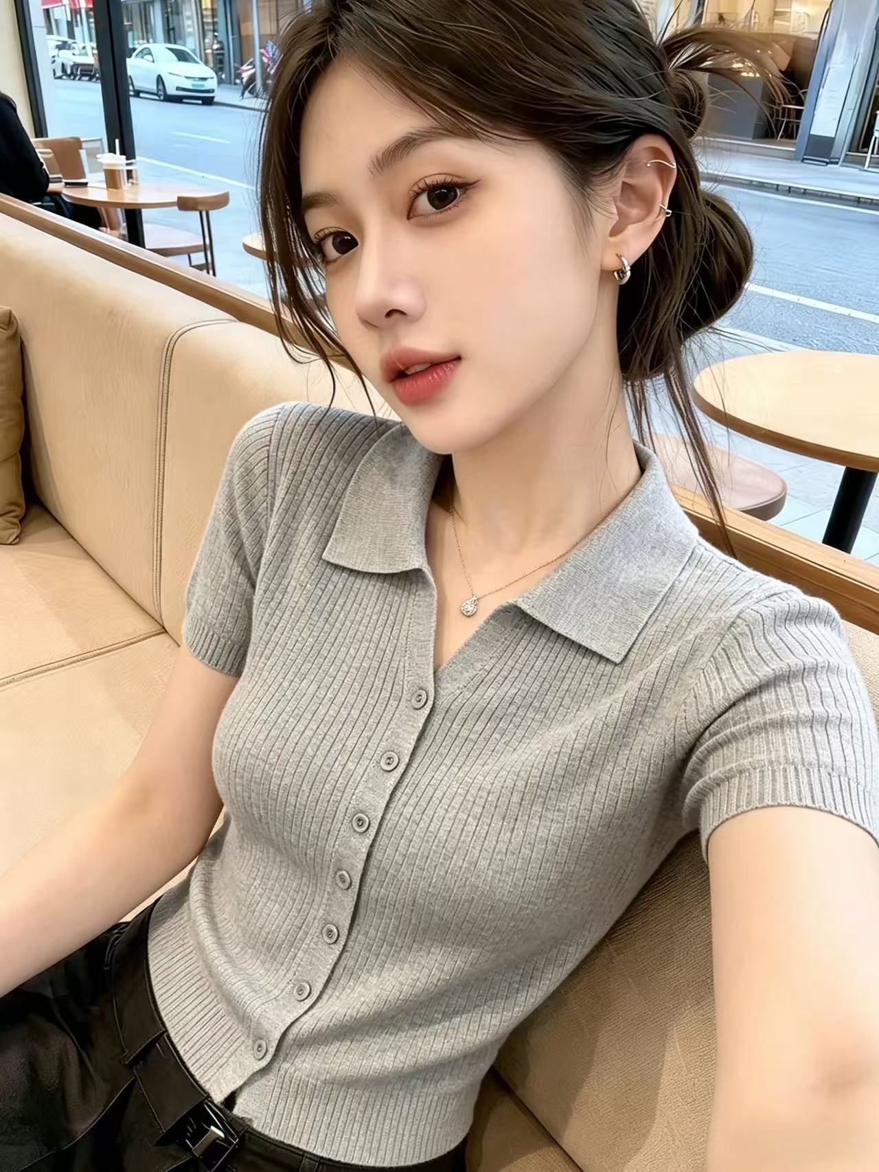 한 부서 POLO 칼라 구덩이 기사 싱글 줄 버튼 반팔 니트 오픈 가디건 여성 2026 여름 새로운 몸매 가꾸기 슬림해 보이는 맨위 트렌디