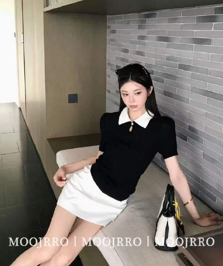 검정색 폴로 칼라 반팔 티셔츠 여성 여름 프랑스식 고급 센스 핫걸 몸매 가꾸기 슬림해 보이는 작은 키 쇼트 스타일 니트 맨위