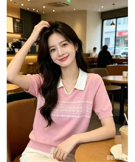 폴로 칼라 패션 니트 스웨터 여름 새로운 풀오버 기하학 패턴 루즈핏 슬림해 보이는 반팔 얇은 스웨터 캐주얼 맨위