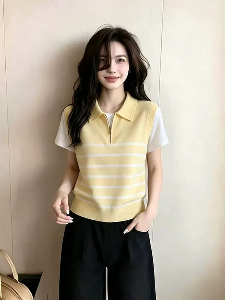 황색 하프 지퍼 POLO 칼라 스트라이프 니트 스웨터 여성 2026 여름 새로운 작은 키 페이크 레이어드 반팔 맨위