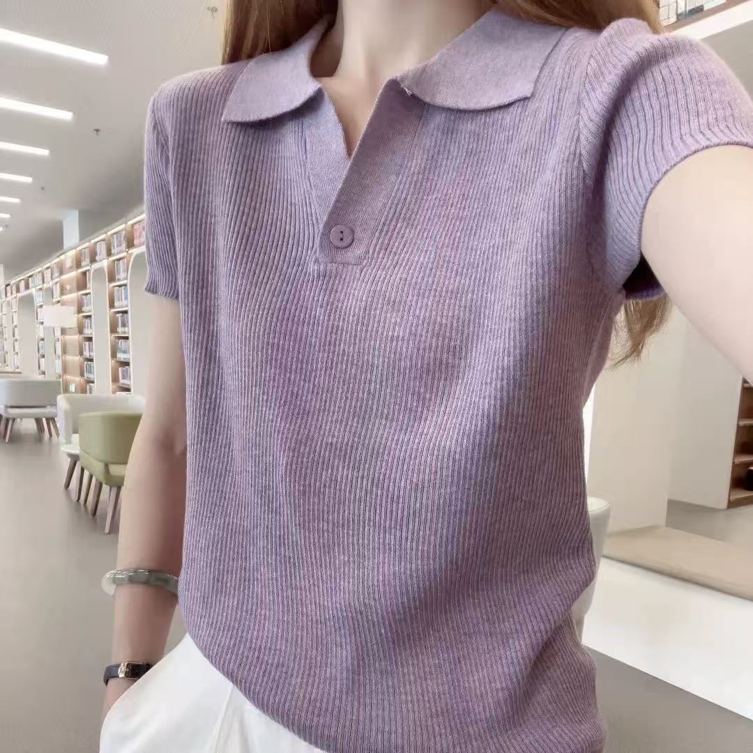 빛 요리 한 바람 기타 색상 POLO 칼라 반팔 여성 여름 니트 구덩이 기사 몸매 가꾸기 슬림해 보이는 다용도 출퇴근 품격 티셔츠 여성