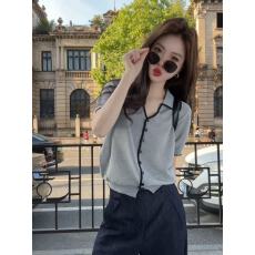 批发韩系Polo领灰色短袖冰丝针织<b class='q'>开衫</b><b class='q'>女</b>巨好看的夏季独特漂亮上衣薄款