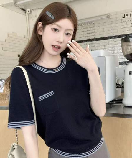 한 부서 미니멀리즘 배색 라운드 넥 디자인 센스 니트 티셔츠 여성 여름 캐주얼 다용도 슬림해 보이는 반팔 인사이드 잡아라. 의류