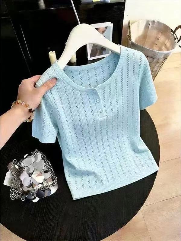한 부서 홀로우 아웃 반팔 긍정적 인 어깨 얼음 실크 니트 스웨터 여성 여름 빛 요리 한 고급 작은 대중 아니요 명중 섹션 슬림해 보이는 얇은 맨위