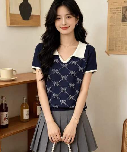 학원 스타일 해군 배색 POLO 칼라 니트 반팔 여성 여름 나비 매듭 링 그리드 몸매 가꾸기 슬림해 보이는 다용도 맨위