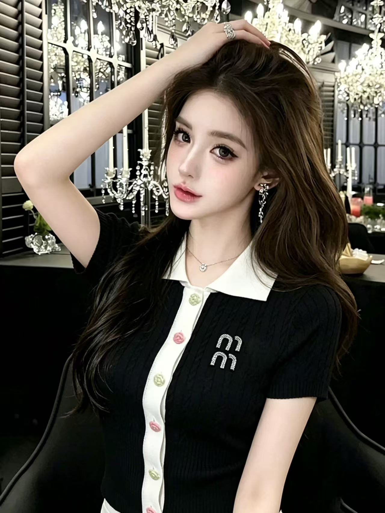 lym studio 프랑스식 패치워크 색상 POLO 칼라 니트 스웨터 여성용 짧은 소매 작은 샤넬 스타일 알파벳 프린트 품격 맨위