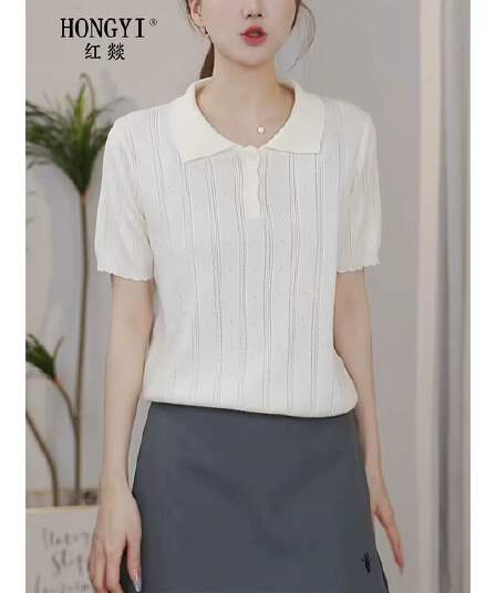 레트로 POLO 칼라 얼음 실크 홀로우 아웃 니트 반팔 티셔츠 여성 봄 여름 얇은 스타일 몸매 가꾸기 다용도 긍정적 인 어깨 작은 셔츠 맨위