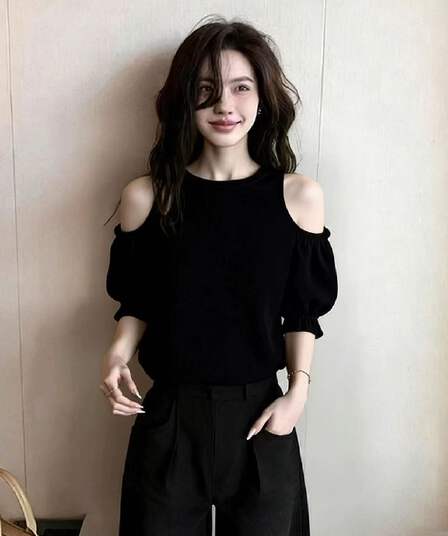 한국 스타일 홀로우 아웃 오프숄더 슬림해 보이는 긴팔 티셔츠 검정색 다용도 부드러운 바람 맨위 봄 드레스 슈퍼 잘 생긴 품격 작은 셔츠