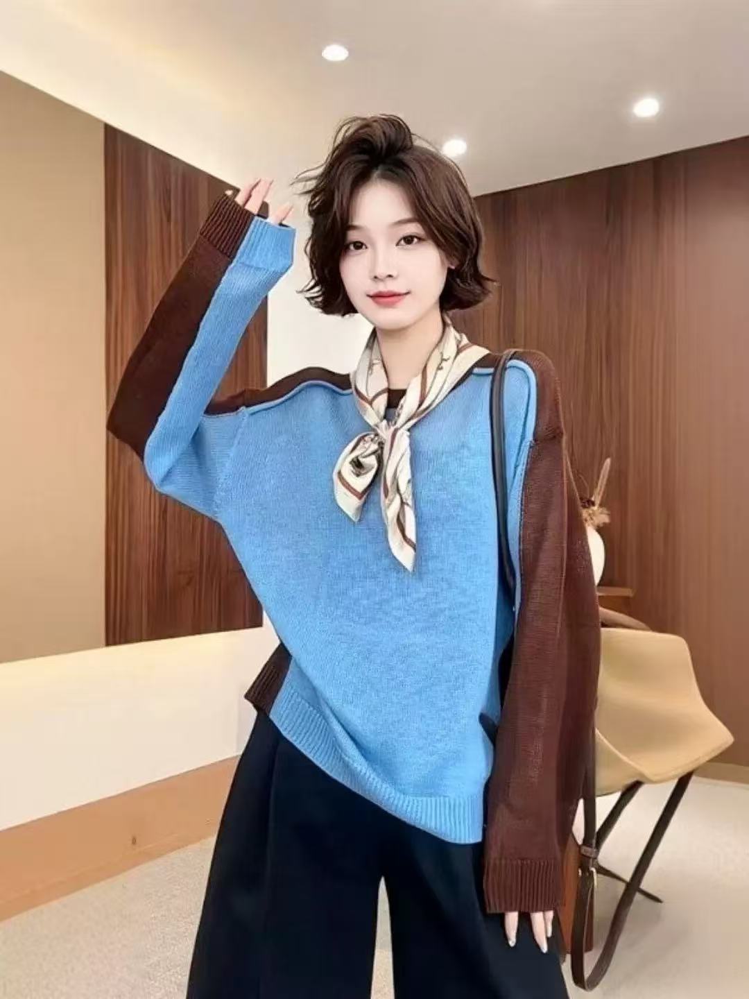 작은 대중 레트로 배색 라운드 넥 니트 스웨터 맨위 여성 2026 봄 빅 사이즈 지방 mm 풀오버 루즈핏 긴팔 맨위