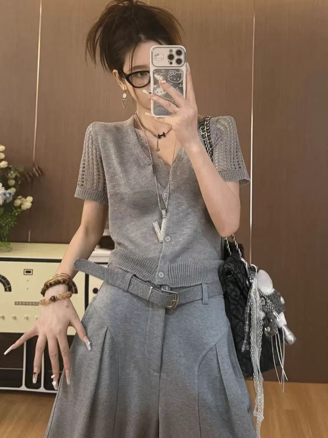 한 부서 오래된 돈 바람 회색 홀로우 아웃 반팔 니트 오픈 가디건 여성 여름 루즈핏 슬림해 보이는 다용도 캐주얼 맨위 얇은 스타일