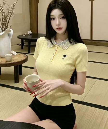 retroi studio 진주 폴로 칼라 구덩이 기사 니트 POLO 셔츠 여성 절묘한 자수 몸매 가꾸기 순수한 욕망 바람 맨위