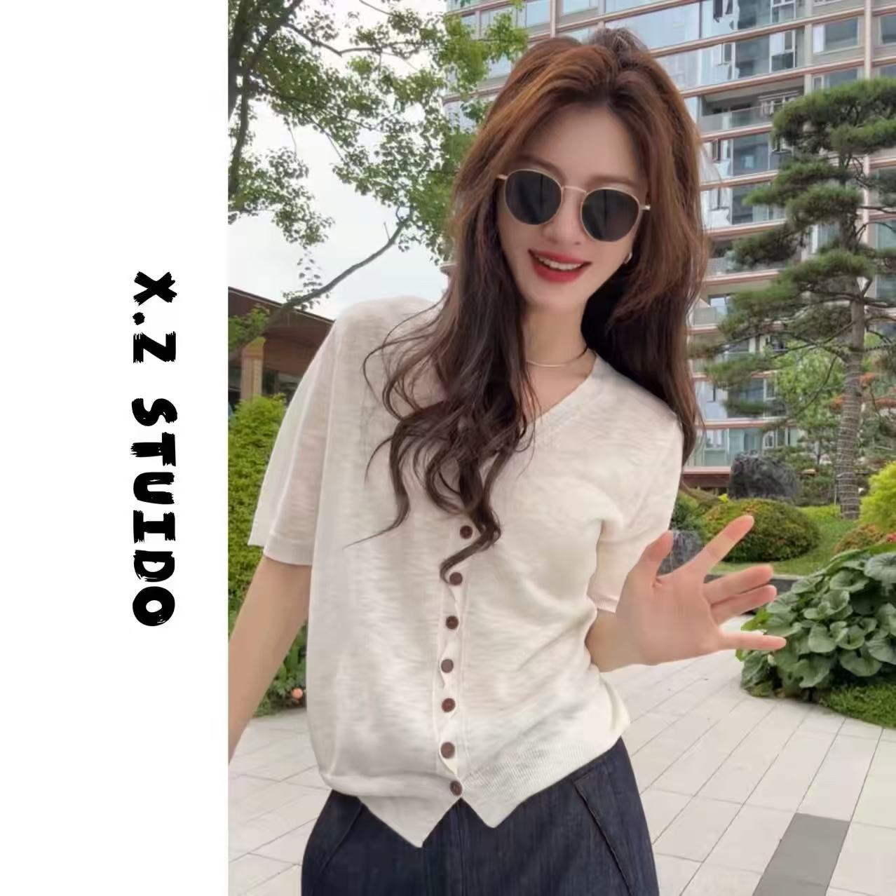 x.zhenv 칼라 불규칙 단추 오픈 가디건 반팔 니트 아름다운 옷 여름 새로운 조수 브랜드 여성 의류
