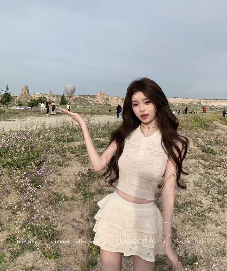 너 ~ 중 게으른 llan 소녀 편안함 지구 폴로 칼라 계층의 감각 니트 조끼 프릴 반 스커트 세트