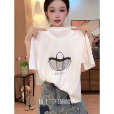 批发白色烫钻包包短袖T恤女宽松百搭圆领字母印花<b class='q'>大码</b>上衣