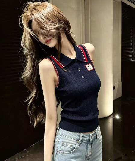 liheyu 빛 럭셔리 연령 감소 빨간색 흰색 스트립 측면 POLO 칼라 니트 여성 여름 몸매 가꾸기 슬림해 보이는 쇼트 스타일 민소매 조끼