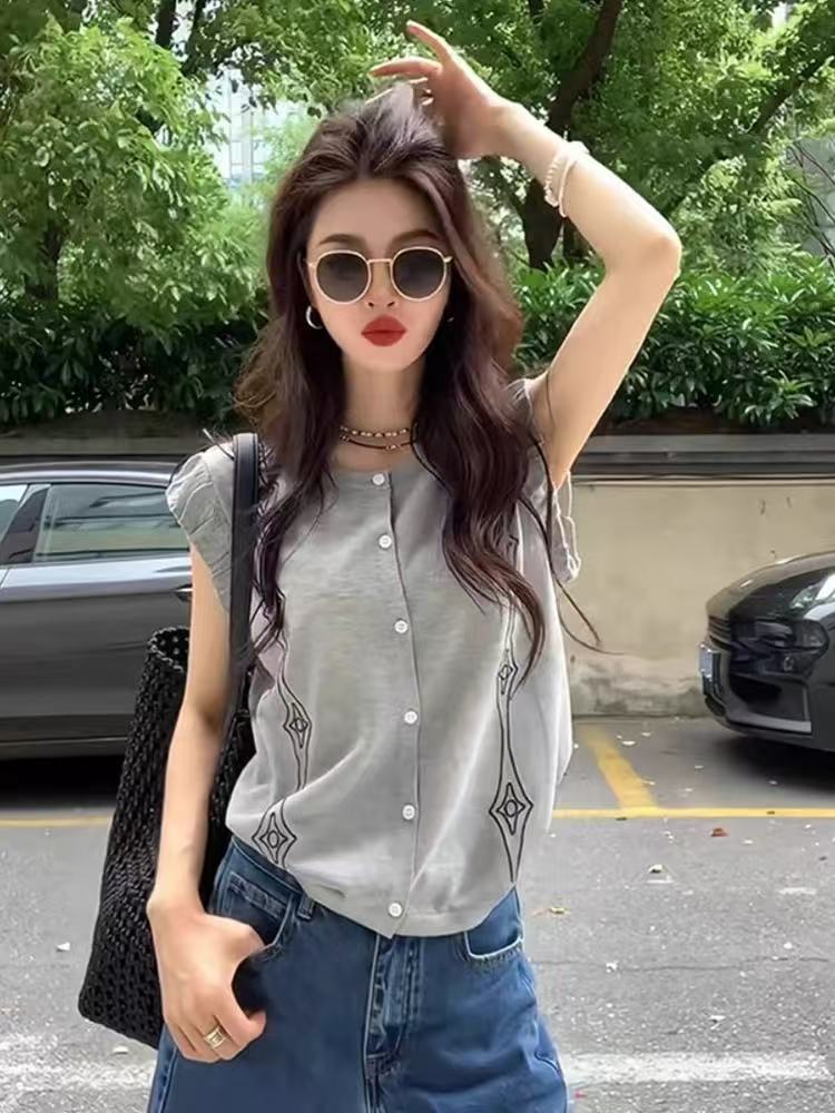 한 부서 회색 고급 센스 작은 날다 소매 얼음 실크 티셔츠 여성 여름 디자인 센스 작은 대중 고유 한 Chic 민소매 맨위