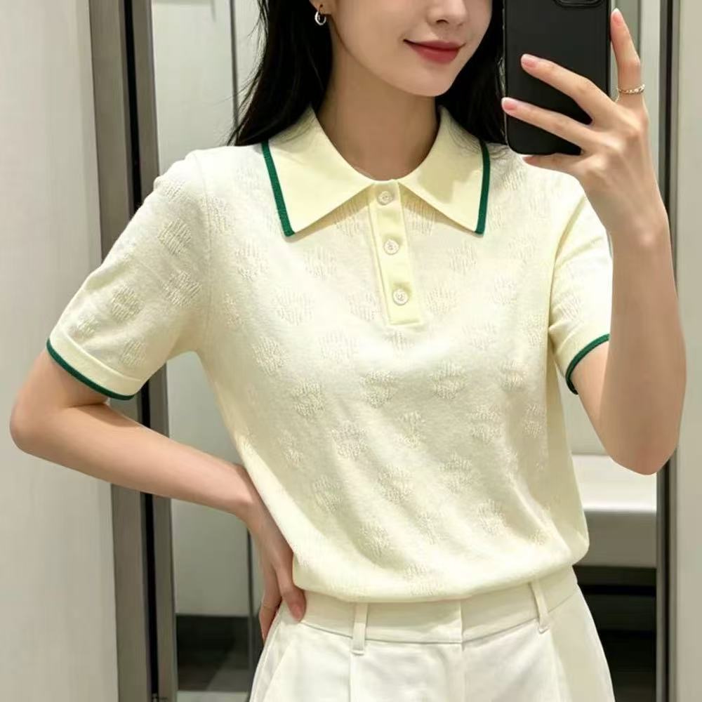 2026 여름 새로운 작은 대중 배색 POLO 칼라 반팔 니트 스웨터 루즈핏 다용도 캐주얼 맨위