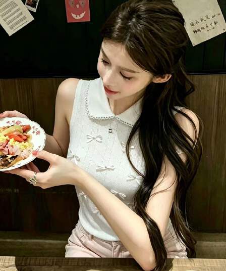 liheyu 한 부서 바람 베이비 칼라 홀로우 아웃 전신 작은 나비 매듭 티셔츠 여성 여름 몸매 가꾸기 쇼트 스타일 민소매 조끼