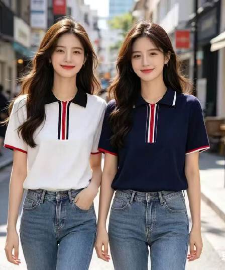 새로운 여름 드레스 뽕나무 누에 실크 니트 스웨터 여성 POLO 칼라 짧은 소매 배색 스트라이프 폴로 칼라 슬림해 보이는 얇은 스타일 맨위
