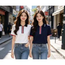 批发新款夏装桑蚕丝针织衫女POLO领短袖针撞色条纹翻领显瘦薄款上衣