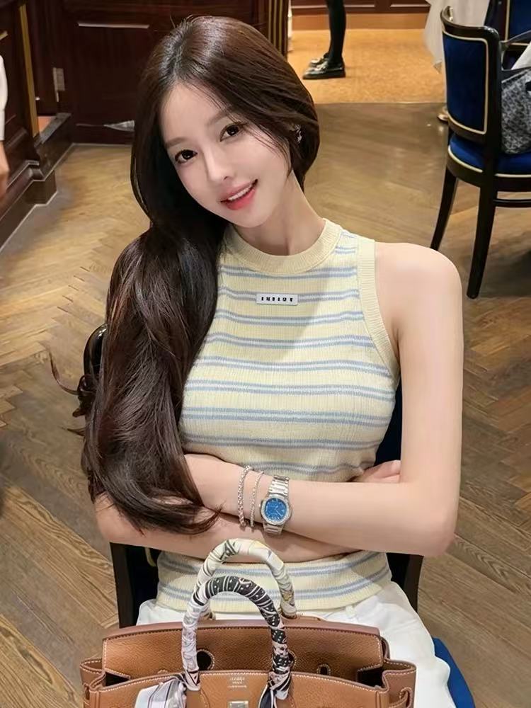 g1 studios 우유 황색 하늘색 스트라이프 구덩이 기사 니트 조끼 신선함 연령 감소 몸매 가꾸기 민소매 인사이드 잡아라. 의류 여성