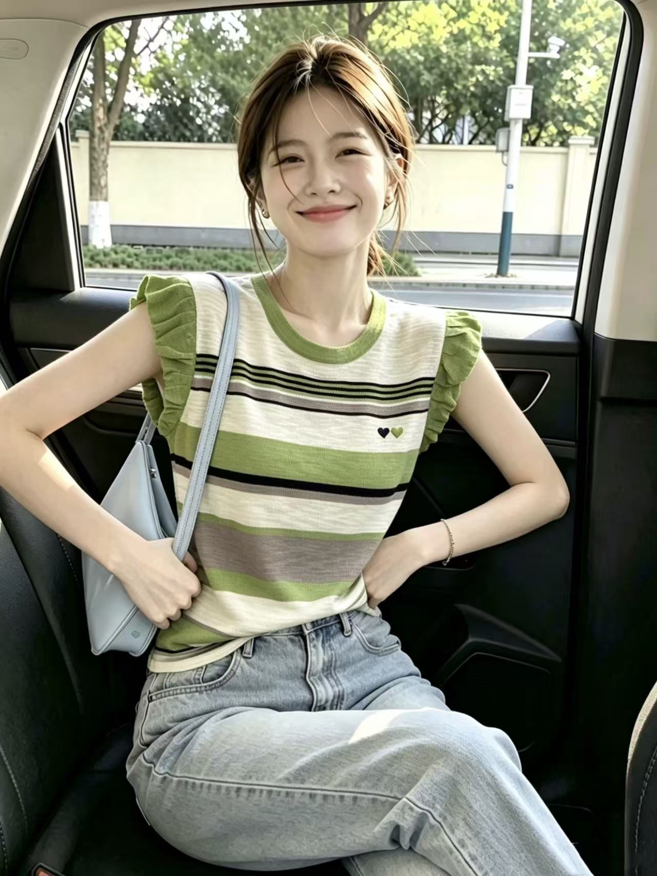 한 부서 부드러운 바람 배색 스트라이프 Feifei 소매 짠 셔츠 여성 고유 한 아름다운 2026 여름 다용도 아름다운 맨위