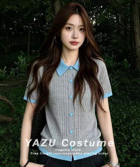 레트로 느긋한 느슨함 센스 패치워크 배색 폴로 칼라 반팔 니트 티셔츠 여름 새로운 슬림해 보이는 다용도 맨위 여성