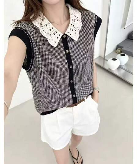 여름 새로운 패션 작은 정사각형 칼라 민소매 조끼 여성 루즈핏 하운드투스 체크 니트 오픈 가디건 얇은 스타일 Feifei 소매 맨위