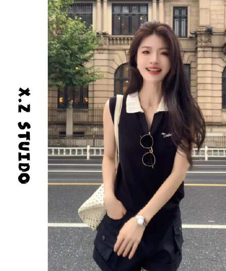 x.zhen 홀로우 아웃 폴로 칼라 민소매 polo 맨위 새로운 느긋한 센스 밖으로 조각 아름다운 슬림해 보이는 옷 여름