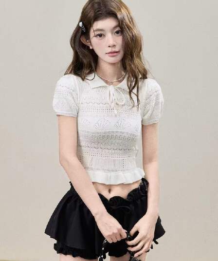 bbt sweety 양모 순수한 욕망 바람 홀로우 아웃 레이스업 반팔 티셔츠 여성 여름 품격 슬림해 보이는 쇼트 스타일 맨위