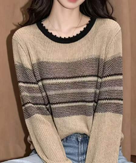 열세 개 2026 이른 가을 새로운 한 부서 레트로 배색 스트라이프 니트 스웨터 여성 홀로우 아웃 얇은 스타일 긴팔 스웨터