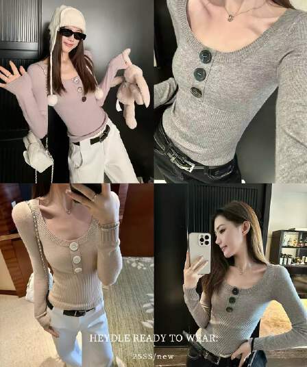 검은 콩 흠 확산 부드러운 단추 디자인 u 칼라 니트 스웨터 쇼트 스타일 몸매 가꾸기 다용도 풀오버 예쁜 스웨터