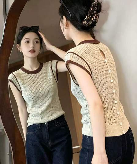 자이언트 잘 생긴 카키 색 니트 조끼 여성 여름 외출용 인사이드 가져 가라. 패션 레트로 다용도 몸매 가꾸기 홀로우 아웃 민소매 맨위