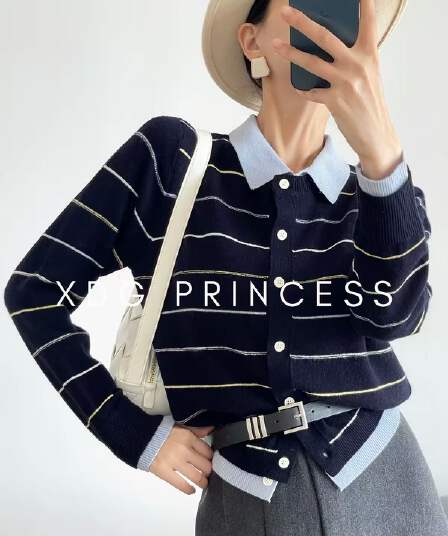 miu 부서 착용 가져 가라. 스트라이프 배색 polo 폴로 칼라 페이크 레이어드 니트 스웨터 여성 가을 겨울 양모 카디건 코트