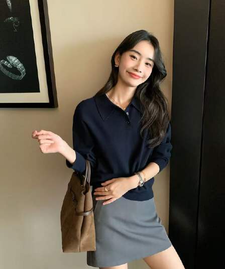 pusumede 느긋한 유전자 POLO 칼라 풀오버 스웨터 여자 봄 가을 루즈핏 느긋한 긴팔 니트 스웨터 맨위