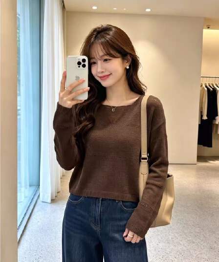 부드러운 레트로 얼음 실크 긴팔 니트 스웨터 여성 가을 새로운 빅 사이즈 지방 mm 홀로우 아웃 디자인 차가운 센스 커피 색상 맨위